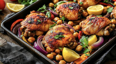 A photo of an harissa chicken traybake on a baking tray just cooked.