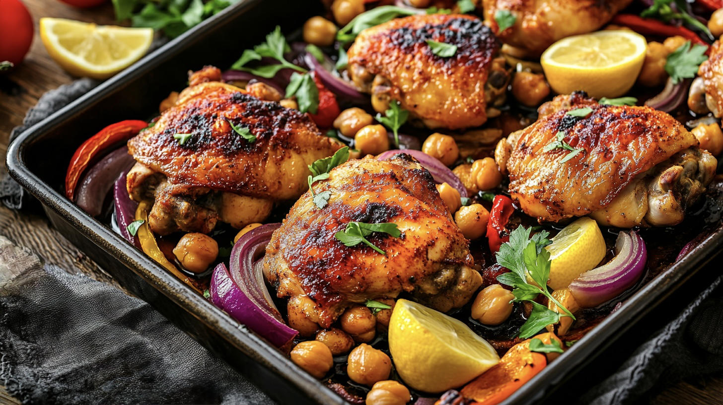 A photo of an harissa chicken traybake on a baking tray just cooked.