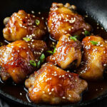 A photo showing honey garlic chicken thighs in a pan toped with sesame seeds and cuts of spring onions.