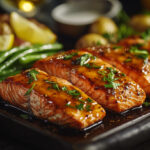 A photo of honey mustard salmon fillets on a baking tray with some vegetables and a sprinkling of herbs