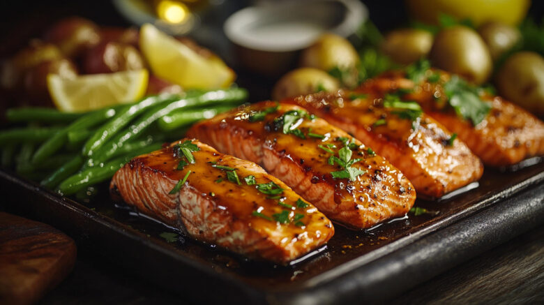 A photo of honey mustard salmon fillets on a baking tray with some vegetables and a sprinkling of herbs