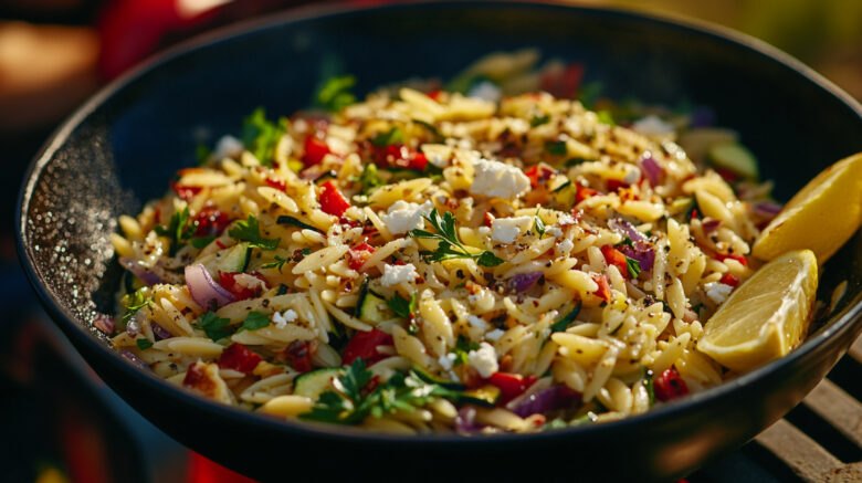 A photo showing a bowl of Lemon Garlic Orzo with roasted vegetables