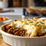 A photo of a lentil shepherds pie in a round baking dish on a table