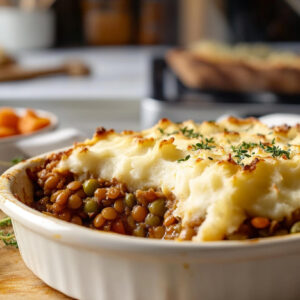 A photo of a lentil shepherds pie in a round baking dish on a table
