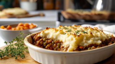 A photo of a lentil shepherds pie in a round baking dish on a table