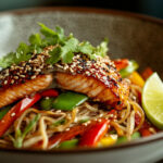 A photo of roasted trout on a bed of stir fry vegetables and noodles.
