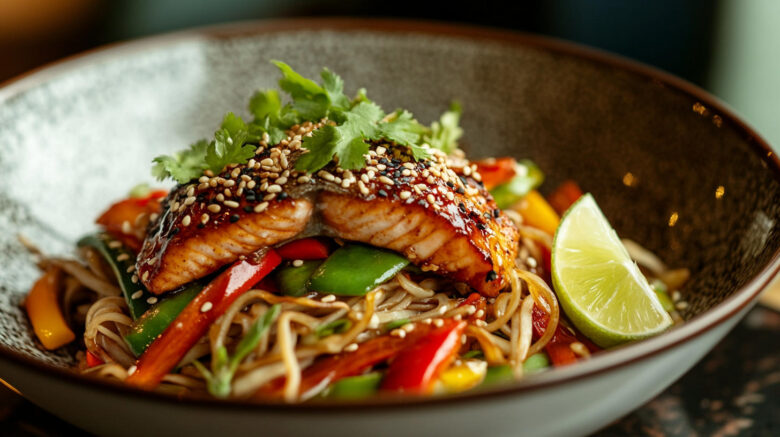 A photo of roasted trout on a bed of stir fry vegetables and noodles.