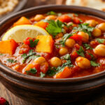 A photo showing a bowl of Moroccan chickpea stew on a wooden table.