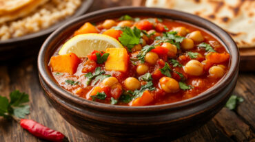 A photo showing a bowl of Moroccan chickpea stew on a wooden table.