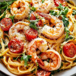 A photo showing a plate of prawn linguine with red pesto.