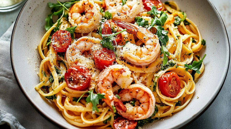 A photo showing a plate of prawn linguine with red pesto.