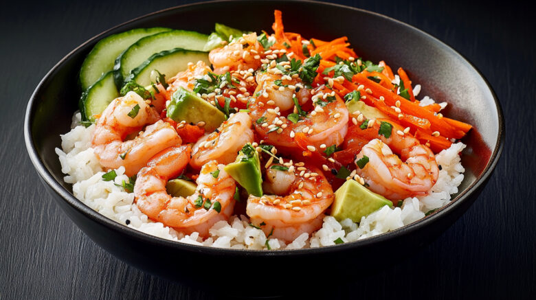 A photo showing a prawn rice bowl with sesame seeds scattered on the top.