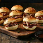 A photo showing a wooden board with BBQ pulled pork sliders resting on top with some BBQ alongside