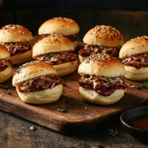 A photo showing a wooden board with BBQ pulled pork sliders resting on top with some BBQ alongside