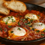 A photo showing a pan of shakshuka with 2 slices of baguette on the side.