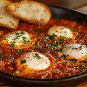 A photo showing a pan of shakshuka with 2 slices of baguette on the side.