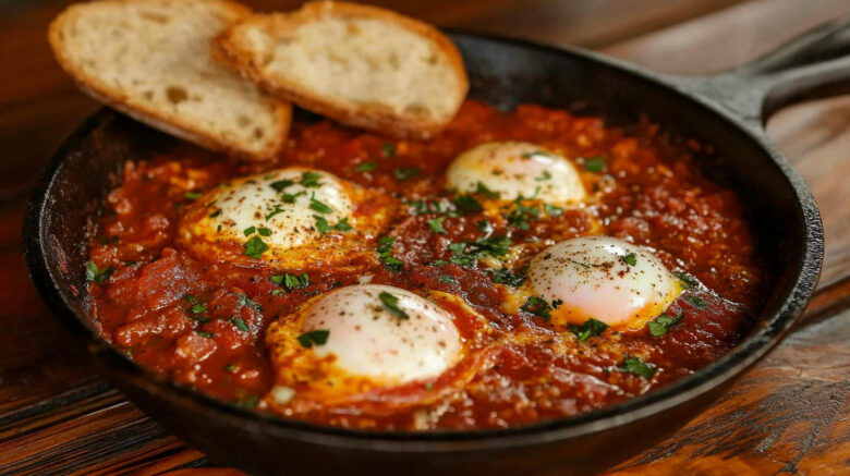 A photo showing a pan of shakshuka with 2 slices of baguette on the side.