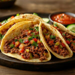 Beef tacos recipe. A photo showing 5 beef tacos on a serving plate with some vegetables on the side.