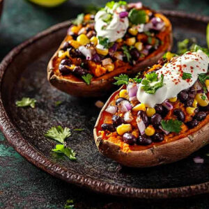 A photo showing stuffed sweet potatoes with various ingredients and a dollop of sour cream on top.