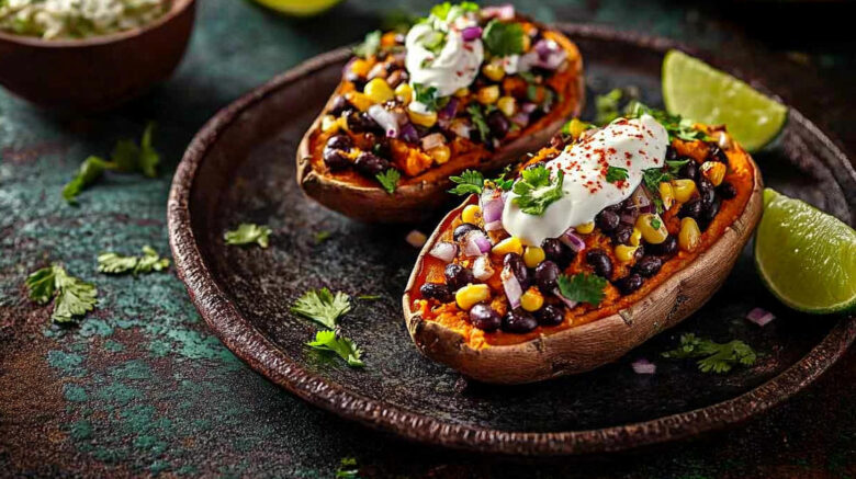 A photo showing stuffed sweet potatoes with various ingredients and a dollop of sour cream on top.