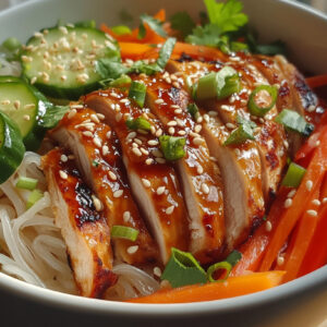 A photo showing a bowl of sweet chilli chicken with noodles.