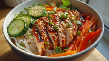 A photo showing a bowl of sweet chilli chicken with noodles.