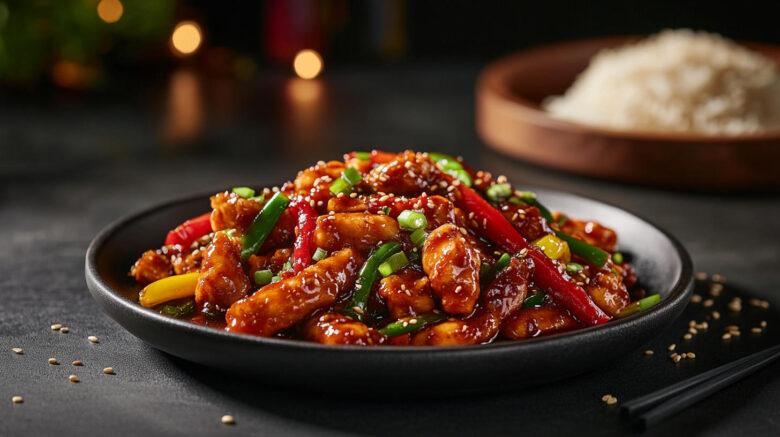 A photo of Szechuan Chicken with Peppers served on plate with rice in the background.