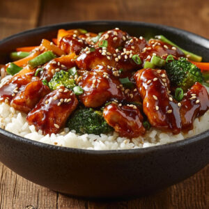 A photo showing a Teriyaki Chicken Rice Bowl on a rustic wooden table