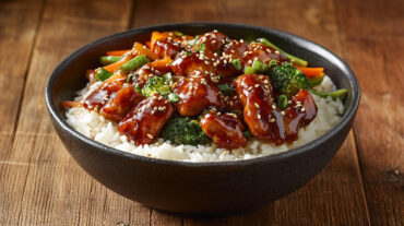 A photo showing a Teriyaki Chicken Rice Bowl on a rustic wooden table