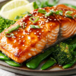 A photo showing a plate with teriyaki salmon on a bed of sesame greens