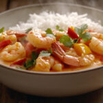 A photo showing a bowl of Thai red curry with prawns and rice.
