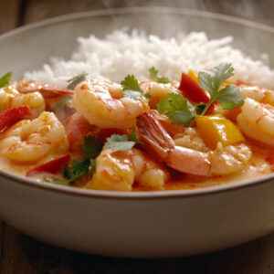 A photo showing a bowl of Thai red curry with prawns and rice.
