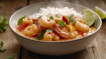 A photo showing a bowl of Thai red curry with prawns and rice.