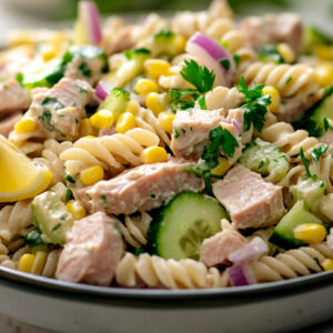 A photo showing a tuna pasta salad recipe in a bowl that's just been prepared.