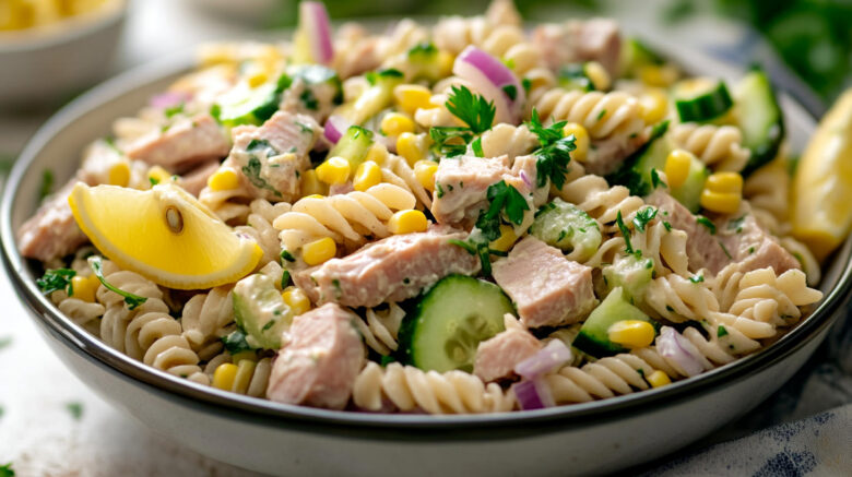 A photo showing a tuna pasta salad recipe in a bowl that's just been prepared.