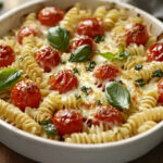 A photo of a dish of baked feta pasta with tomatoes and basil leaves