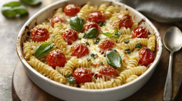 A photo of a dish of baked feta pasta with tomatoes and basil leaves