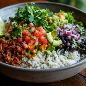 A photo of a beef burrito bowl with rice and vegetables
