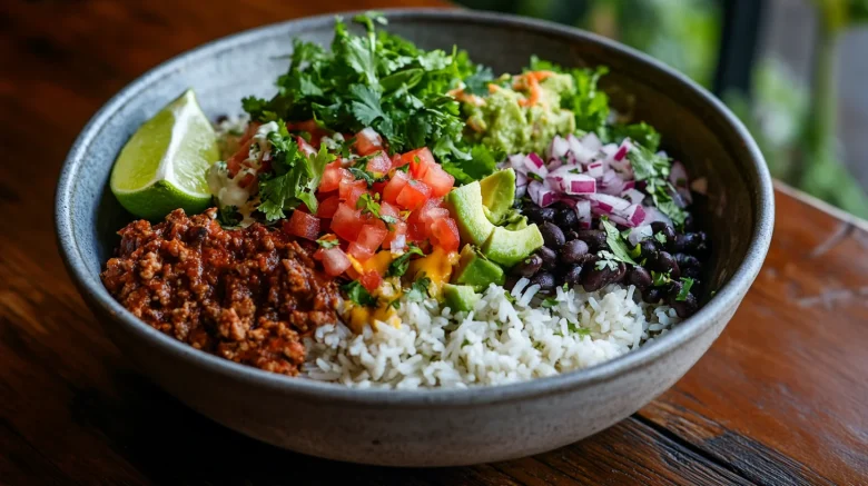 A photo of a beef burrito bowl with rice and vegetables