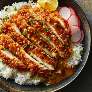 A photo of chicken katsu curry on a plate shown from the top down.