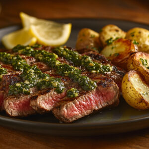 A photo of a chimchurri steak with roast potatoes and a wedge of lemon on a plate.