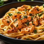 A photo showing a bowl of creamy cajun salmon pasta
