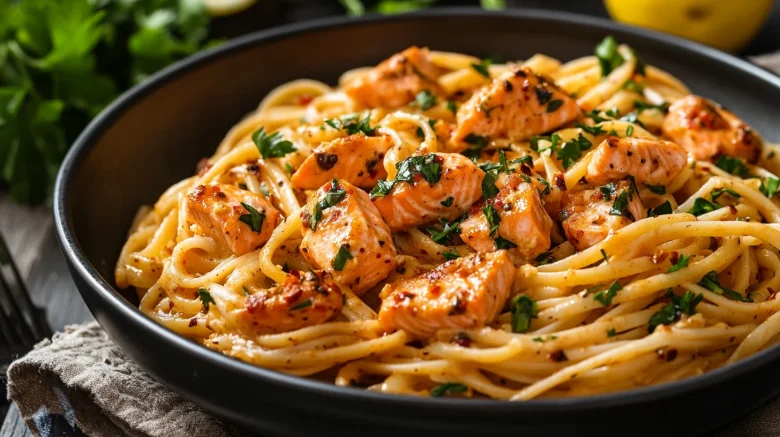 A photo showing a bowl of creamy cajun salmon pasta