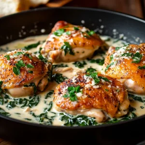 A photo showing a pan of creamy garlic chicken thighs with spinach.