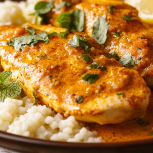 Photo showing harissa chicken on a plate with couscous