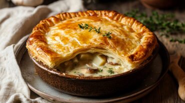 A photo showing a leek and mushroom pie in a pie dish straight out of the oven with a piece cut out of eat.