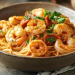 A photo showing a bowl of creamy prawn and chorizo pasta.