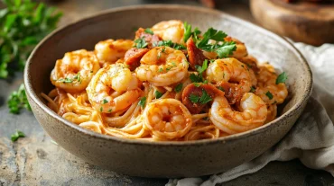 A photo showing a bowl of creamy prawn and chorizo pasta.