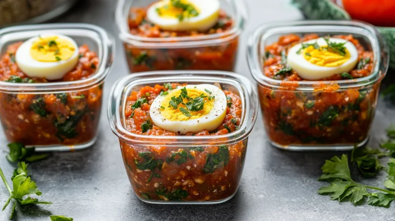 A photo showing 4 egg breakfast meal prep pots on a tabletop.