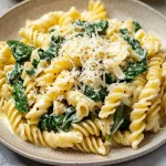 A photo showing a plate of lemon ricotta pasta with spinach and garlic.